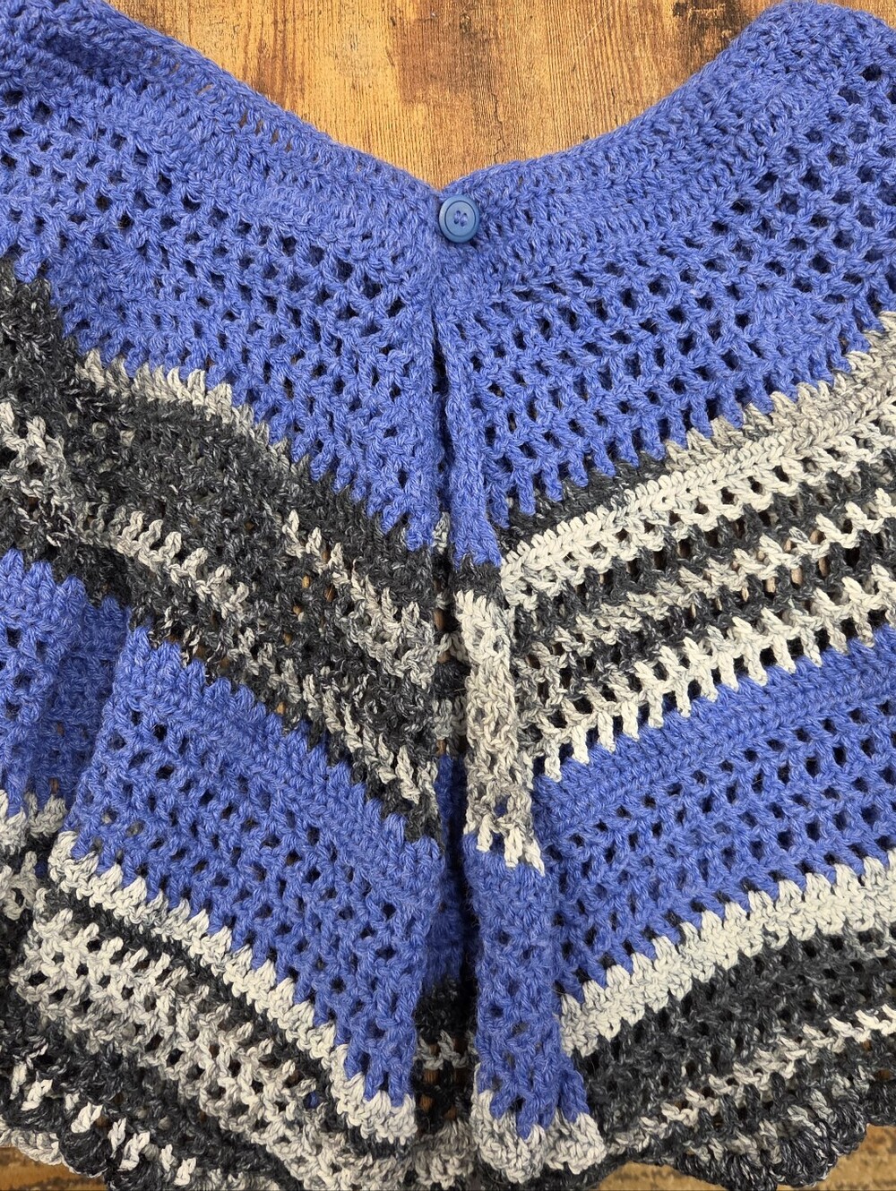 Handmade Crochet Shawl - Blue, Gray, Black Stripes